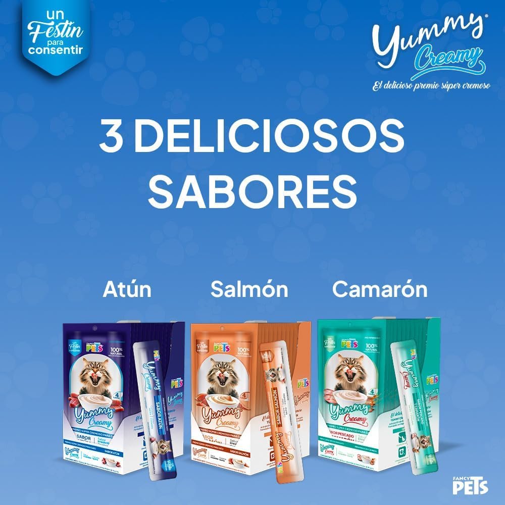 Fancy Pets Yummy Creamy Premio Cremoso Lamible para Gato Surtido 12 Tubos (4 Atún, 4 Salmón, 4 Camarón)