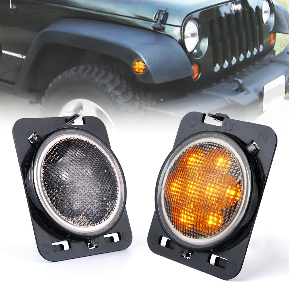 Xprite Luces para Loderas Cuartos Laterales LED Ambar Amarillo con lente Ahumado para 2007-2017 Jeep Wrangler