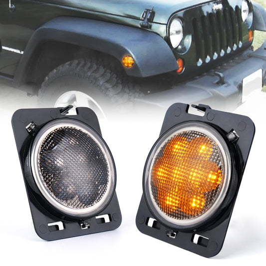 Xprite Luces para Loderas Cuartos Laterales LED Ambar Amarillo con lente Ahumado para 2007-2017 Jeep Wrangler