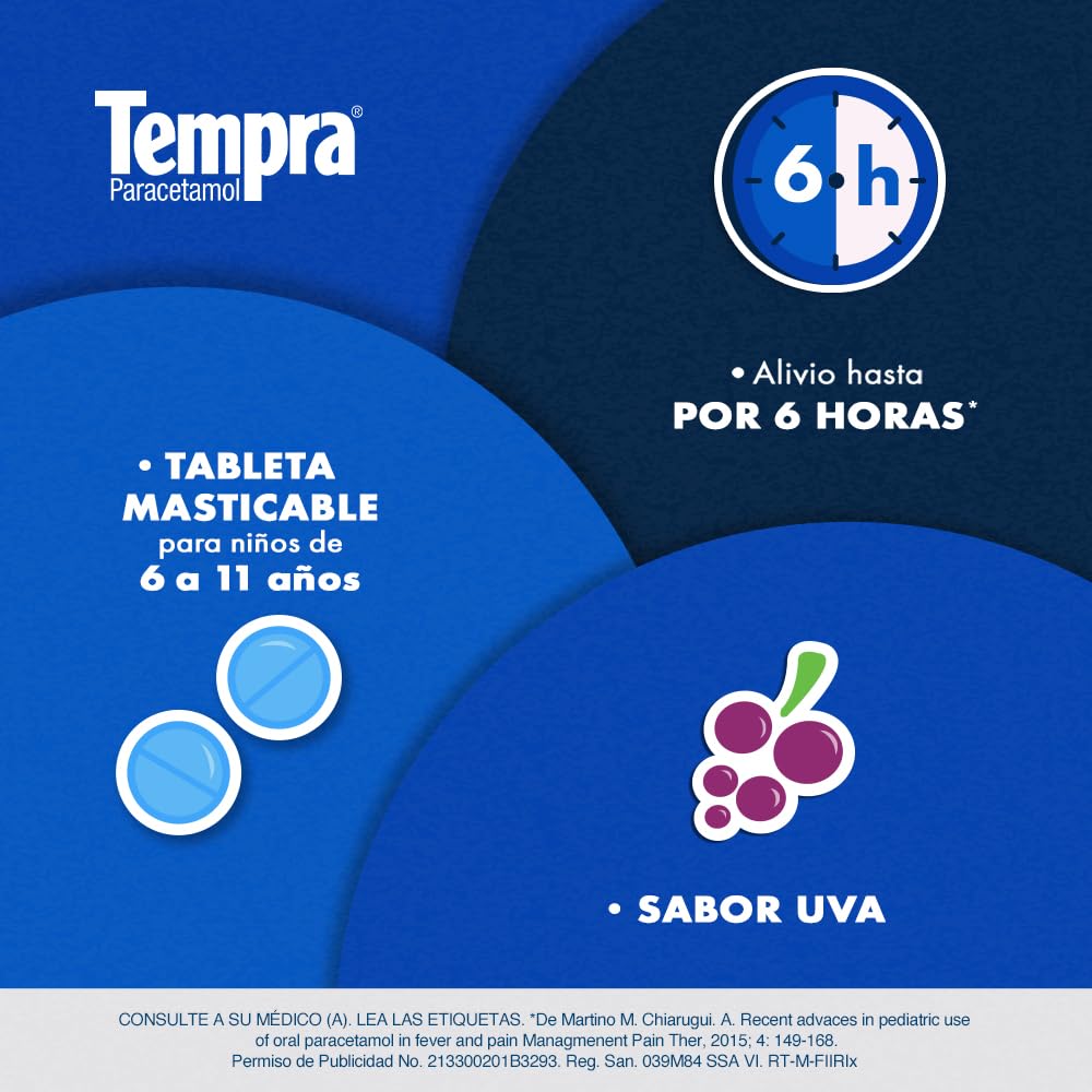 Tempra Tableta Masticable 160mg Fiebre y Dolor Sabor Uva Paracetamol caja con 30 tabletas