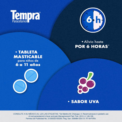 Tempra Tableta Masticable 160mg Fiebre y Dolor Sabor Uva Paracetamol caja con 30 tabletas
