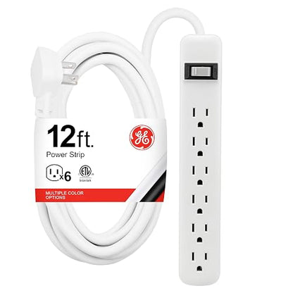 GE 6-Outlet Power Strip, 12 Ft Extension Cord, Flat Plug, Grounded, Integrated Circuit Breaker, 3-Prong, Wall Mount, UL Listed, White, 45195
