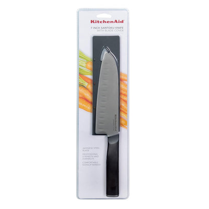 KitchenAid - Cuchillo clásico Santoku con cubierta de hoja de ajuste personalizado, 7 pulgadas, cuchillo de cocina afilado, acero inoxidable japonés de alto carbono, negro