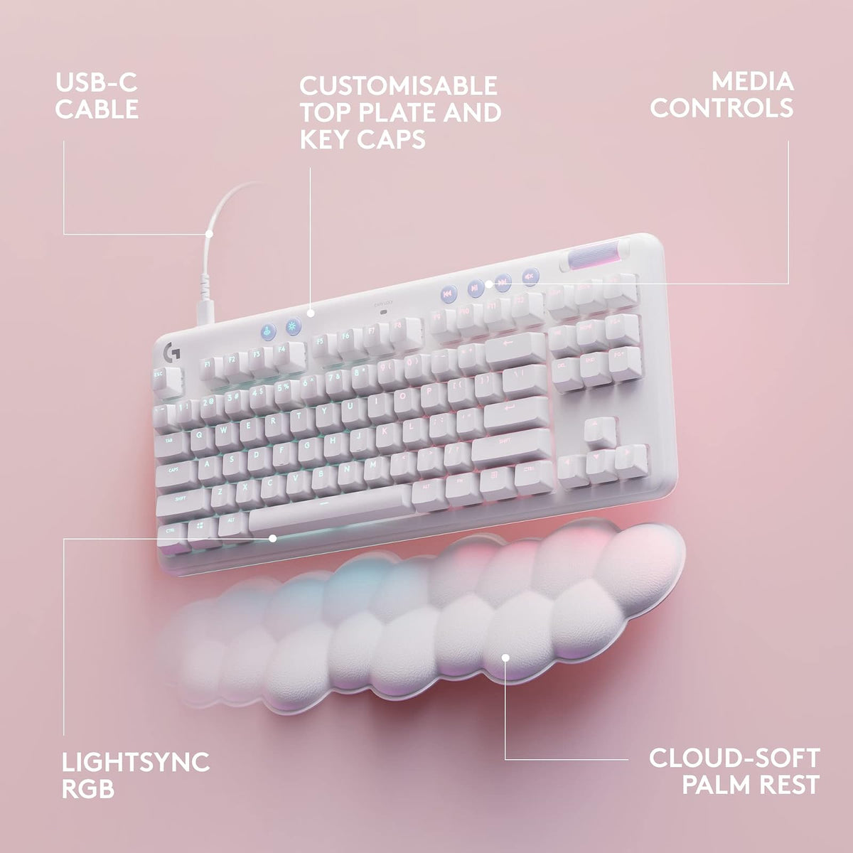 Logitech G G713 Teclado para Juegos con Cable con Iluminación LIGHTSYNC RGB, Interruptores Lineal (Rojo GX) y Reposamanos para Teclado, Compatible con PC y Mac, Blanco Niebla
