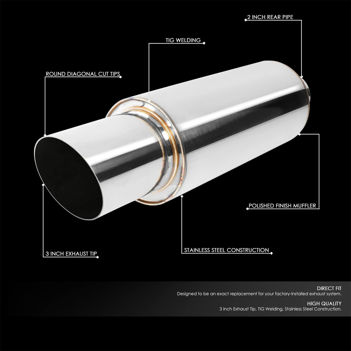 DNA MOTORING EXA-MF-004-T1 Silenciador de escape recto de acero inoxidable, universal, salida de 3 pulgadas, entrada de 2 pulgadas