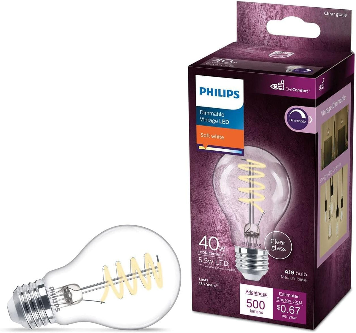 Philips Foco LED Filamento Espiral Vintage A19, Base E26 - Tranparente - 1 paquete