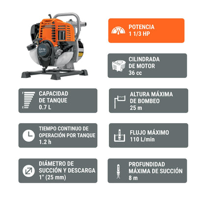 Truper MOTB-14, Motobomba autocebante motor de 4 tiempos a gasolina conexiones 1" x 1" potencia 1.3 HP uso agrícola