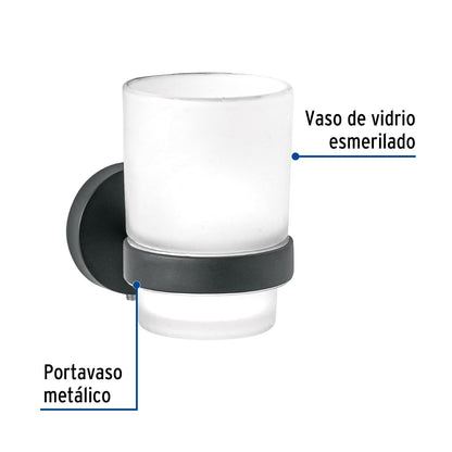 Foset TBA-71M, Portavaso cepillero Acabado Negro con Vaso de Vidrio