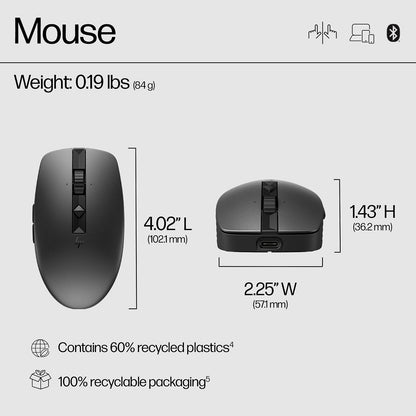 HP Mouse Silencioso Recargable 710 Negro, Inalámbrico, Recargable, Ambidiestro, Botones Programables, Compatible con Mac, Windows, Chrome, Negro (6E6F2AA)