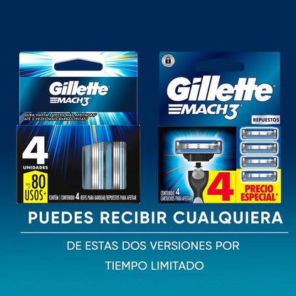 GILLETTE Mach3, Cartucho de Rastrillo para Afeitar, 4 Repuestos con 3 Hojas para Rasurar la Barba, Afeitado al Ras, Rastrillo para Hombre