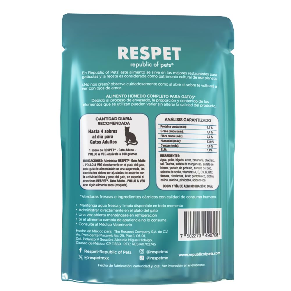RESPET Alimento Húmedo para Gatos Pollo y Vegetales Sin Gluten 21 Sobres 100g