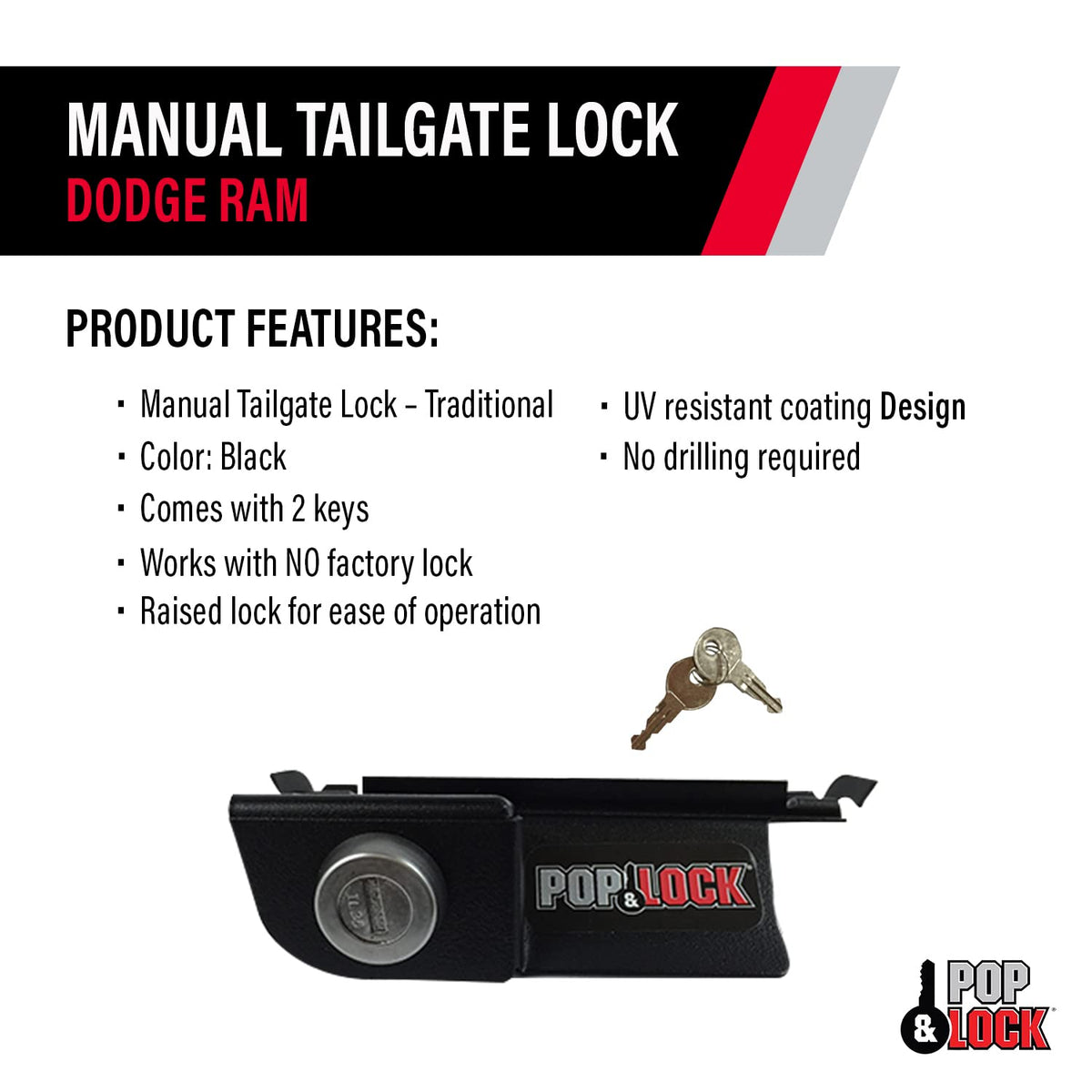 Pop & Lock PL3400 Cerradura Manual para Puerta Trasera Dodge Ram 1500 2500 y 3500 2002-2008 Negro Funciona sin Bloqueo de Fábrica