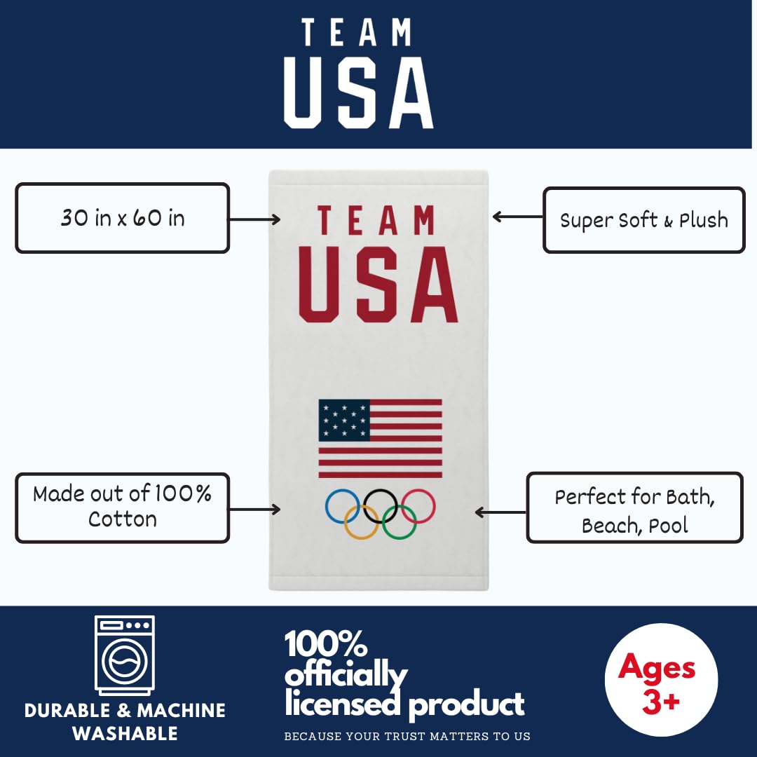 Franco Collectibles Team USA Paris Olympics - Toalla de baño de algodón súper Suave, 60 x 30 Pulgadas, (Producto con Licencia Oficial)