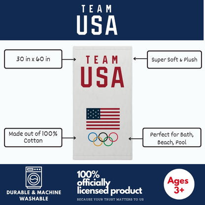 Franco Collectibles Team USA Paris Olympics - Toalla de baño de algodón súper Suave, 60 x 30 Pulgadas, (Producto con Licencia Oficial)