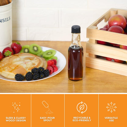 FastRack - Botellas de salsa picante Woozy de 5 onzas, paquete de 12 con tapas de plástico negro, botellas pequeñas vacías, botellas de vidrio transparente con tapa a prueba de fugas, sin gotero