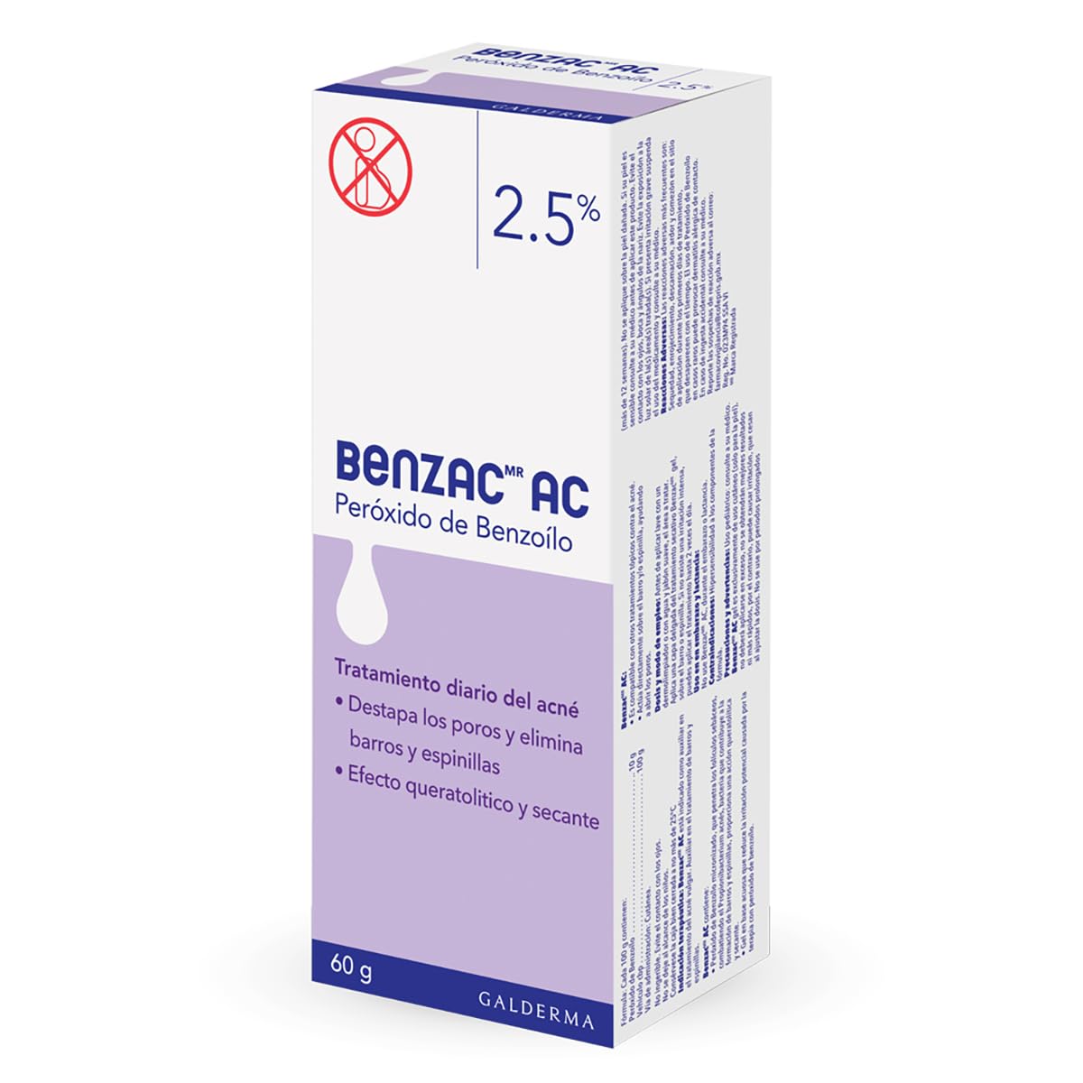 Benzac AC 2.5% 1 pz 60g Gel para Barros y Espinillas Auxiliar en el Tratamiento del Acné Causado por la Bacteria C.Acnes Formulado con Peróxido de Benzoílo