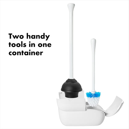 OXO Good Grips Juego de cepillo y destapacaño para baño | Recipiente que ahorra espacio, apoyo para puertas abiertas, cerdas resistentes, esencial para baño, ideal para baños pequeños