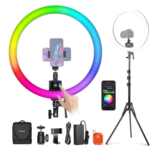 NEEWER SRP18C - Kit de luces LED RGB, ultra delgado control de aplicación con soporte de luz reversible, soporte para teléfono, cabeza de bola, 2500K-10000K, CRI 95+/TLCI 97, 3700lux/0,5 m, 18 escenas