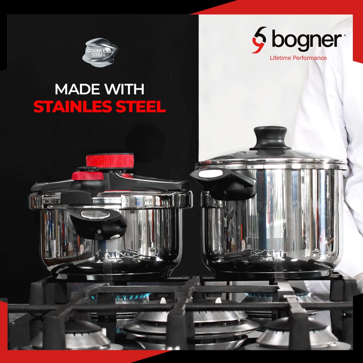 BOGNER - Set de Ollas de Presión de Acero Inoxidable, 4 y 6 Litros, Incluye Tapa de Cristal Intercambiable y Vaporera