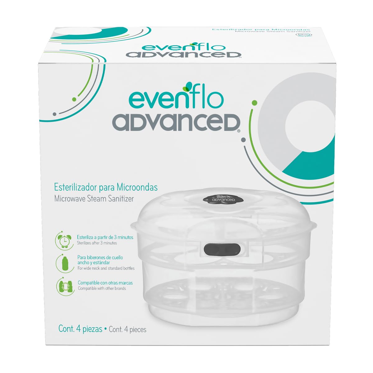 Evenflo Advanced Esterilizador para Microondas, 4 Piezas, Incluye Rejilla, Pinzas y Taza Medidora, Libre de BPA