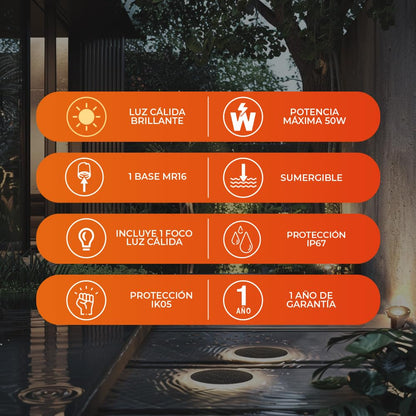 Tecnolite - Lámpara Sumergible, Ideal Zona Costera, Foco MR16 50 W incluido, Luz Cálida Brillante, Base GX5.3, IP67, IK05