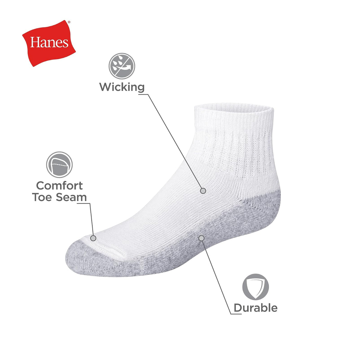 Hanes Big Boys' Classics Ankle Socks, White