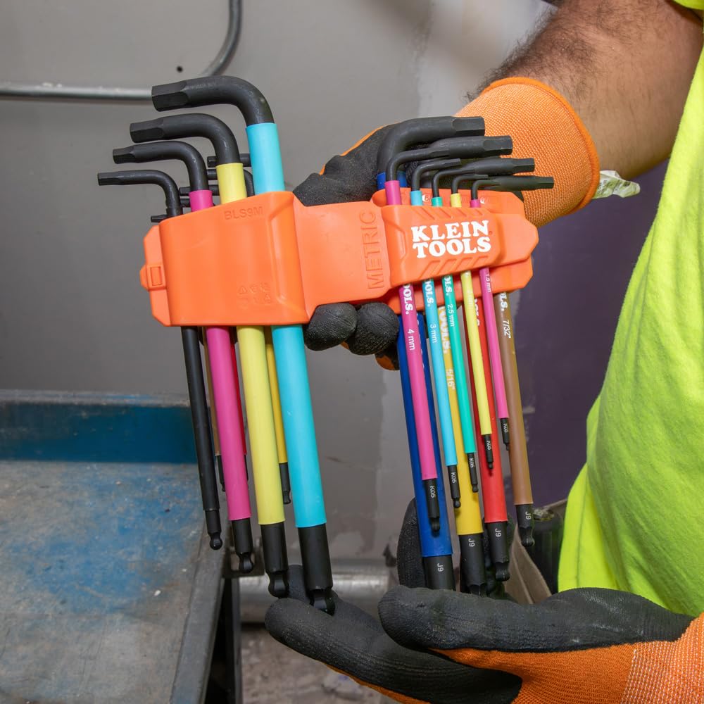 Klein Tools BLS18 Juego de llaves hexagonales con código de colores, SAE y métrico, tratado térmicamente, estilo L, brazo largo y extremo de bola, 1/16 pulgadas a 3/8 pulgadas y 1.5 mm a 10 mm, 18
