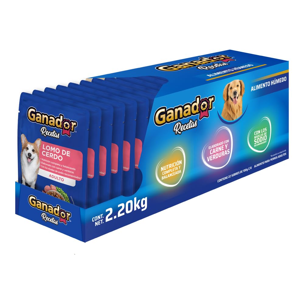 Ganador Recetas Lomo de Cerdo para perros adultos de todas las razas. Paquete con 22 piezas de 100 g c/u.