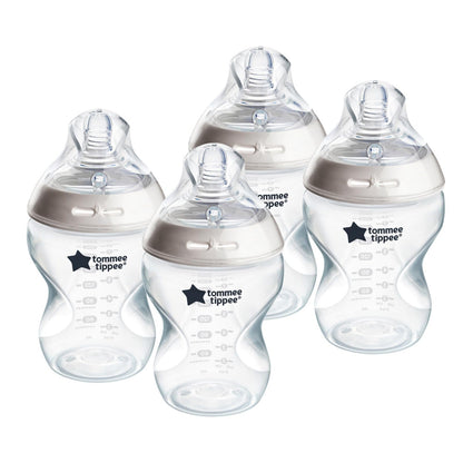 Tommee Tippee Biberones Anticólicos Natural Start de 260 ml (9 oz) Libres de BPA, 0+ Meses, Tetina Tipo Pecho de Flujo Lento, Autoesterilizables, Diseñados para una Transición Natural entre Pecho y Biberón, Transparente, Paquete de 4
