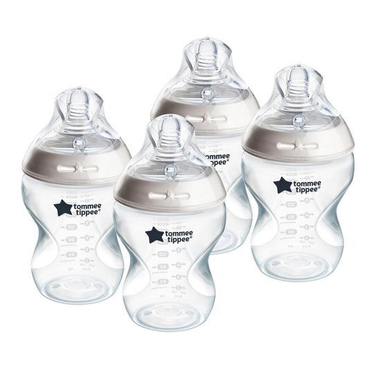 Tommee Tippee Biberones Anticólicos Natural Start de 260 ml (9 oz) Libres de BPA, 0+ Meses, Tetina Tipo Pecho de Flujo Lento, Autoesterilizables, Diseñados para una Transición Natural entre Pecho y Biberón, Transparente, Paquete de 4