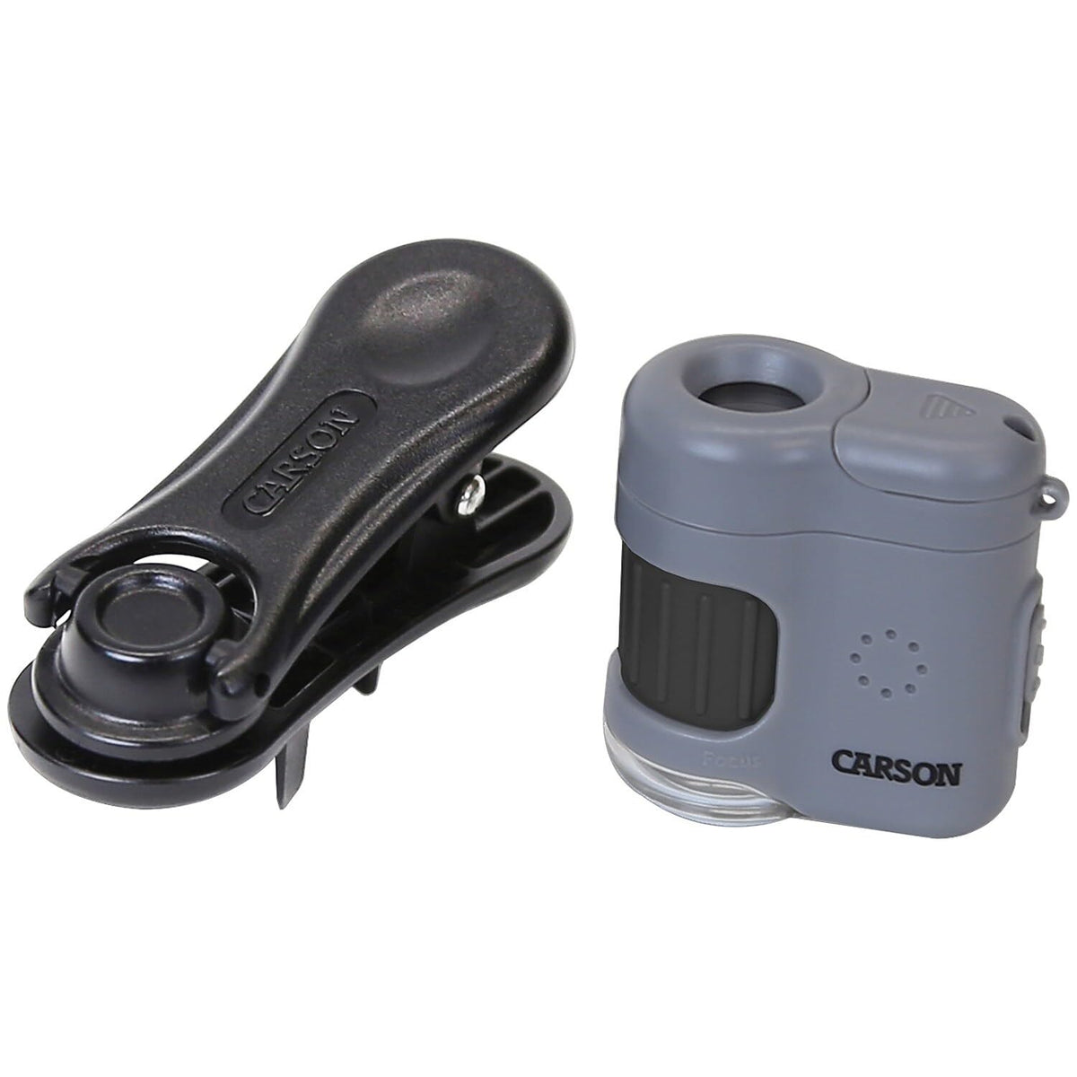 Carson Micromini Microscopio de Bolsillo 20X con Luz LED, Más una Linterna LED/UV Incorporada, y Clip Adaptador Universal de Teléfonos Inteligentes (MM-380)