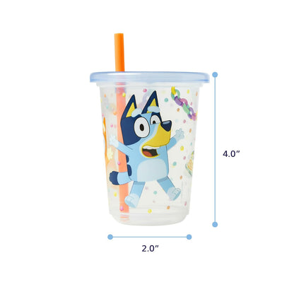 The First Years Bluey Take & Toss - Juego de tazas de paja para niños pequeños, a prueba de derrames con tapas y popotes a presión, suministros de fiesta Bluey y decoraciones de cumpleaños azulados,