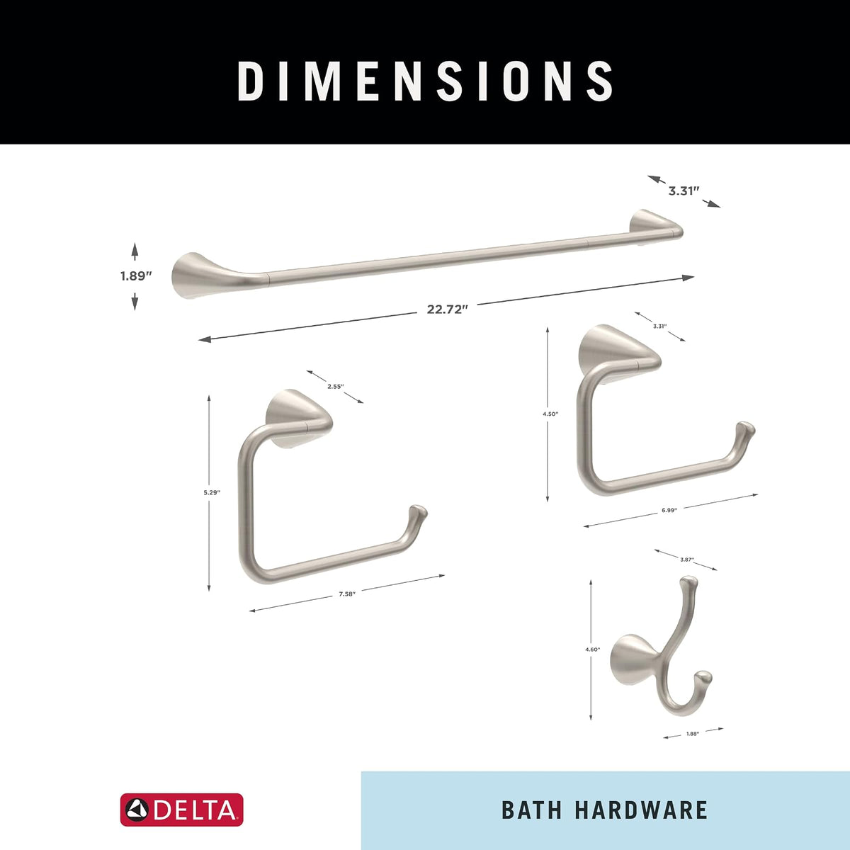 Delta ARV64-DN Arvo Juego de 4 Piezas de Accesorios de baño de 18 Pulgadas con Extensor de 6 Pulgadas, Soporte para Papel higiénico, Anillo de Toalla, Gancho, níquel Cepillado