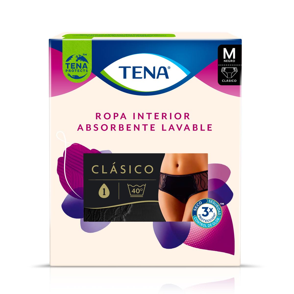 TENA Lady Ropa Interior Absorbente Lavable, Color Negro - Negro - M (1 Unidad) - Corte Clásico