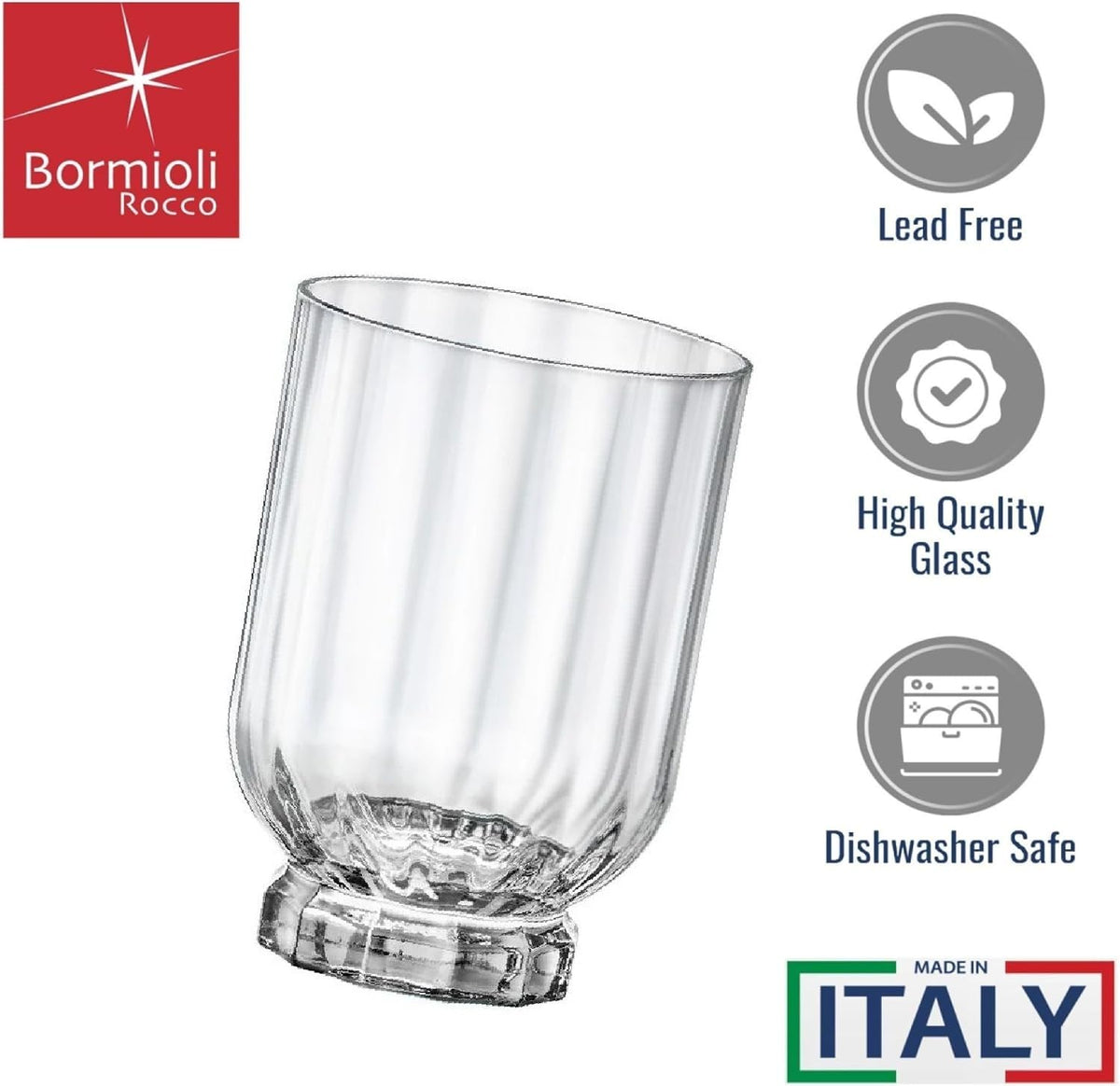 Bormioli Rocco Florian 12 oz doble anteojos DOF antiguas, transparentes, juego de 4, vasos decorativos de mesa, hecho en italia.