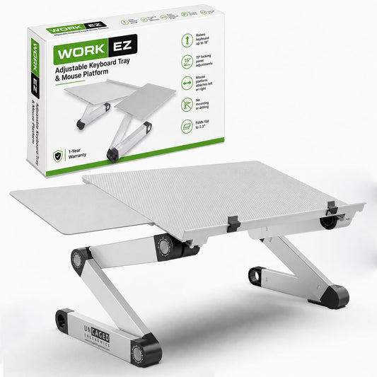 WorkEZ - Bandeja ergonómica para teclado y mouse, altura ajustable, ángulo negativo, inclinación para sentarse en el computadora, mesa de computadora, soporte para computadora de pie, elevar teclados a la altura de pie, color plateado