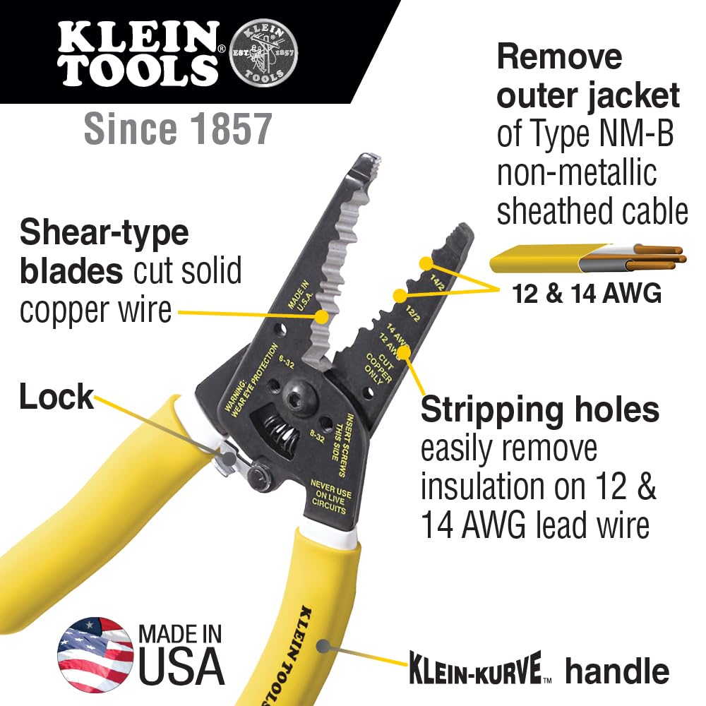 Klein Tools - Peladora/cortadora de cables K1412 Kurved NM, 12/2 y 14/2, 12 y 14 AWG Solid