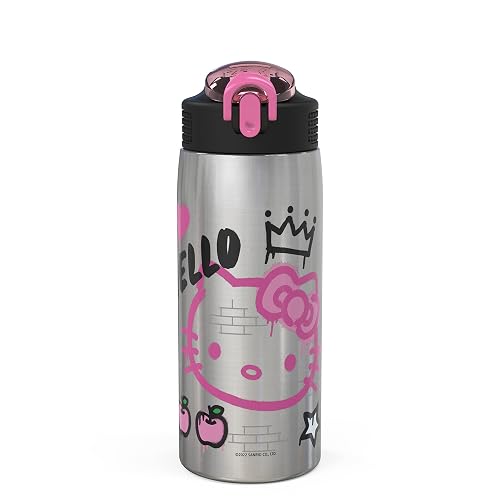 Zak Designs Sanrio - Botella de agua para viajes y en casa, 19 onzas con aislamiento al aspiradora de acero inoxidable con tapa de boquilla de bloqueo, bucle de transporte integrado, diseño a prueba de fugas (Hello Kitty)