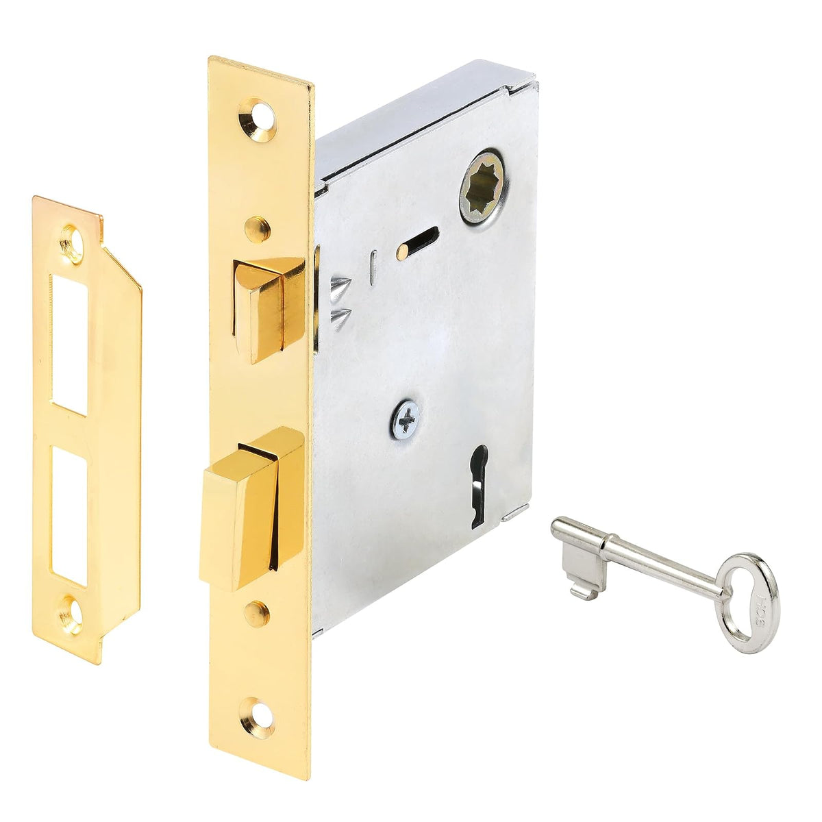 Prime-Line E 2294 Kit de montaje de cerradura de mortaja para interiores de estilo clásico, acero fundido, acabado chapado en latón, llave de esqueleto antigua, parte posterior, eje cuadrado máximo de