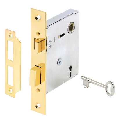 Prime-Line E 2294 Kit de montaje de cerradura de mortaja para interiores de estilo clásico, acero fundido, acabado chapado en latón, llave de esqueleto antigua, parte posterior, eje cuadrado máximo de