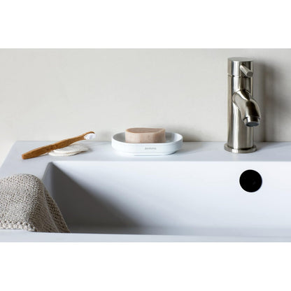Brabantia Mindset Jabonera (mineral blanco fresco) de metal antioxidante, soporte antideslizante para bandeja de jabón para baño, ducha, fregadero de cocina