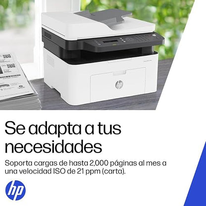 HP Impresora Multifuncional Láser MFP 137fnw, Impresión en Negro, Dúplex, (Doble Cara) Manual, WiFi, USB, Ethernet, Smart App, Imprime, Copia y Escaneado, Fax (4ZB84A)