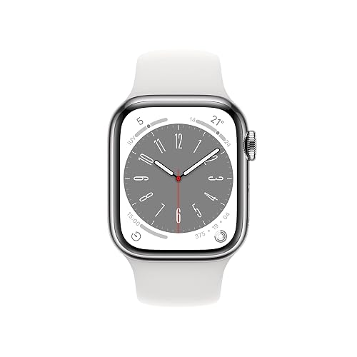 Apple Watch Series 8 (GPS + Cellular) Smartwatch con Caja de Acero Inoxidable Color Plata de 41 mm y Correa Deportiva Blanca. Apps ECG y Oxígeno en Sangre, Resistente al Agua