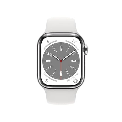 Apple Watch Series 8 (GPS + Cellular) Smartwatch con Caja de Acero Inoxidable Color Plata de 41 mm y Correa Deportiva Blanca. Apps ECG y Oxígeno en Sangre, Resistente al Agua