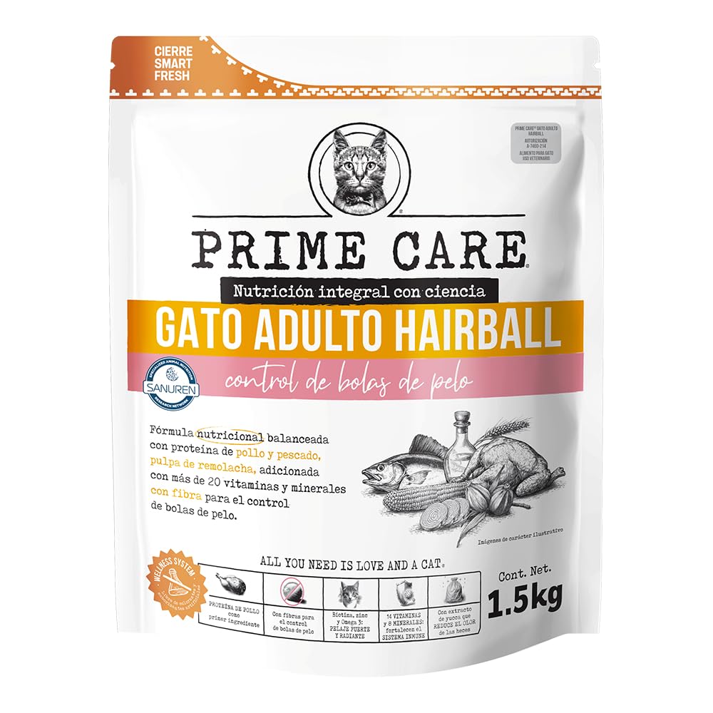 Prime Care Alimento para Gato Adulto Hairball, 1.5 kg, Ideal para Gatos Adultos