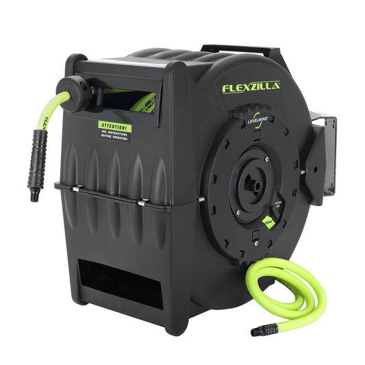 Flexzilla Pro Levelwind - Carrete de manguera de aire retráctil, 3/8 pulgadas. x 50 pies, resistente, ligero, híbrido, ZillaGreen - L8305FZ