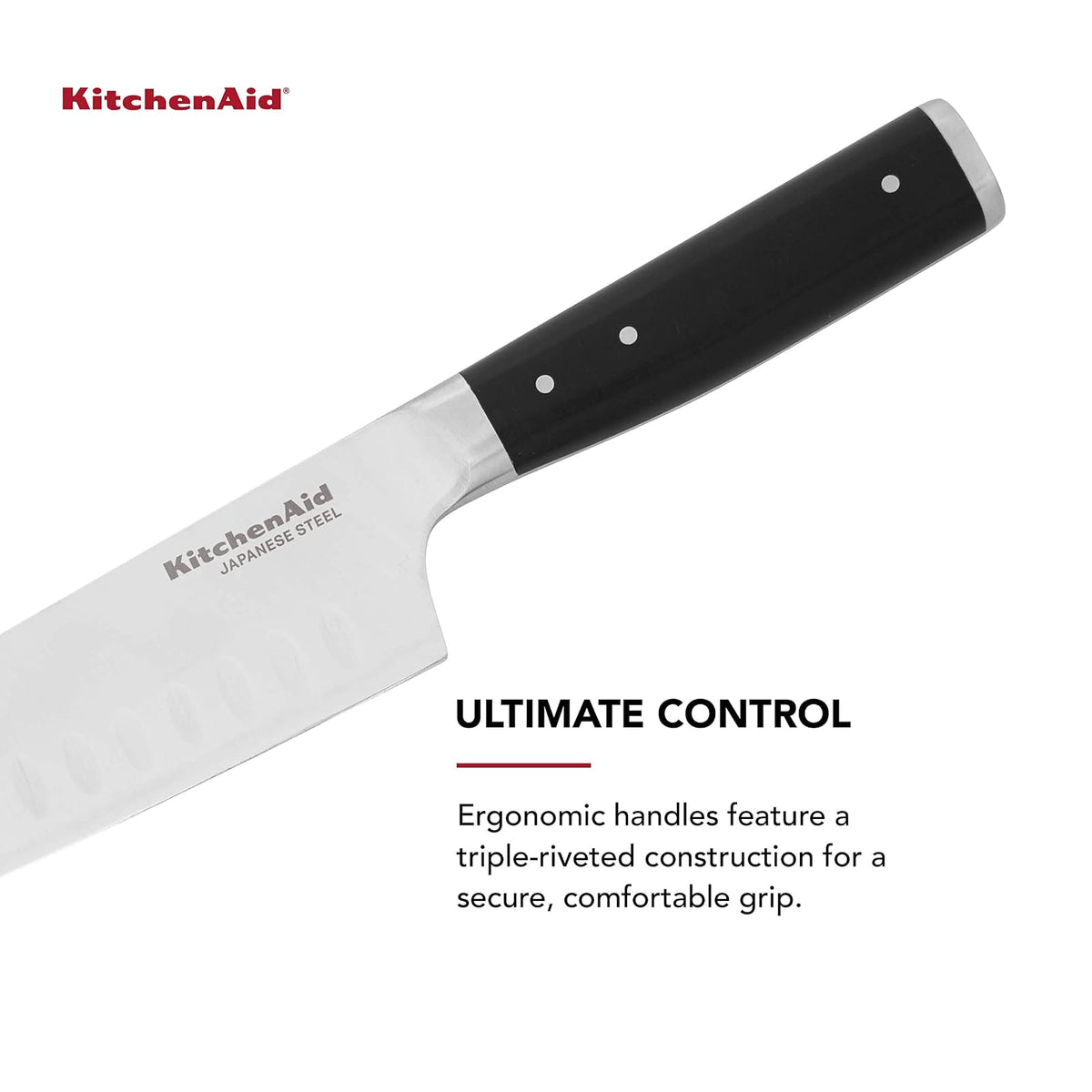 KitchenAid Gourmet - Cuchillo Santoku forjado de triple remache con cubierta de hoja de ajuste personalizado, cuchillo de cocina afilado, hoja de acero inoxidable japonés de alto carbono, color negro