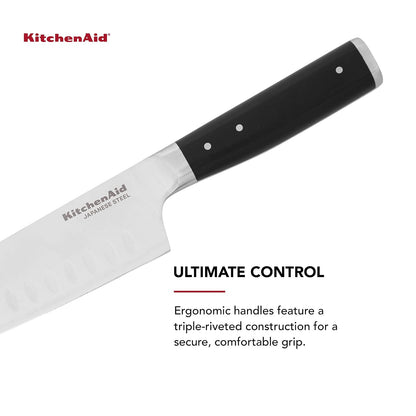 KitchenAid Gourmet - Cuchillo Santoku forjado de triple remache con cubierta de hoja de ajuste personalizado, cuchillo de cocina afilado, hoja de acero inoxidable japonés de alto carbono, color negro