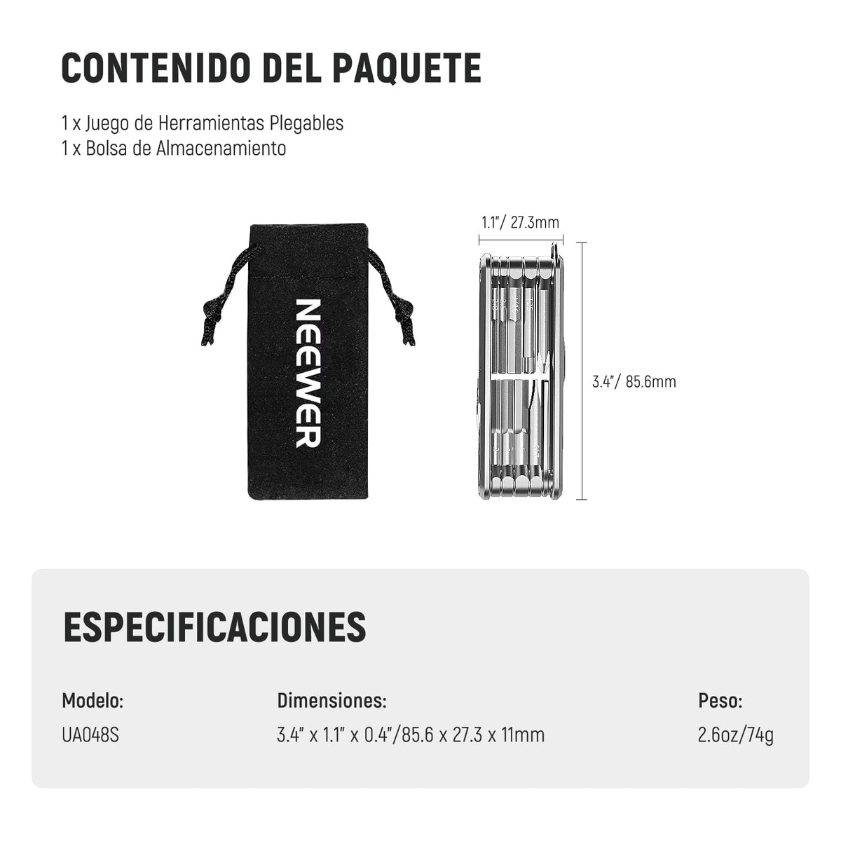 NEEWER Juego Herramientas Destornillador Plegable 10 en 1: 4 Destornillador, 6 Llave Hexagonal, Herramienta Bolsillo Compatible con SmallRig Camera Cage Rig Top Handle Tripod QR Plate, UA048S Platero