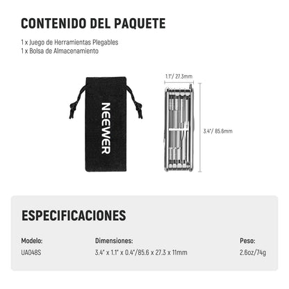 NEEWER Juego Herramientas Destornillador Plegable 10 en 1: 4 Destornillador, 6 Llave Hexagonal, Herramienta Bolsillo Compatible con SmallRig Camera Cage Rig Top Handle Tripod QR Plate, UA048S Platero